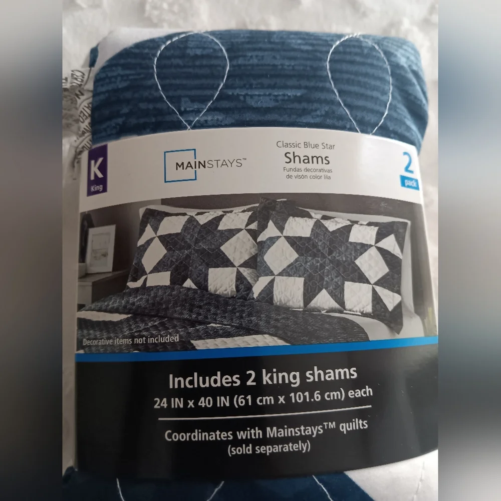 Mainstays Classic Blue * white Star quilt king pillow cases covers shams